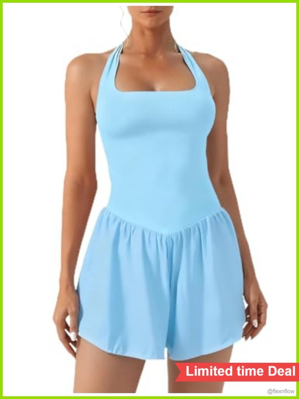 AJISAI Women's Halter Athletic Romper with Built-in Shorts, Pockets, Square